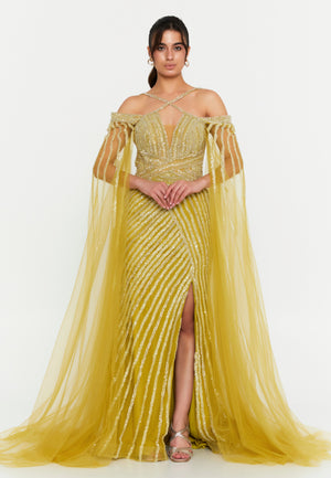 Celestial Beaded Cape-Sleeve Gown – Crisscross Neckline, Off-Shoulder Bodice, Front Slit & Flowing Tulle Trains