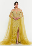 Celestial Beaded Cape-Sleeve Gown – Crisscross Neckline, Off-Shoulder Bodice, Front Slit & Flowing Tulle Trains