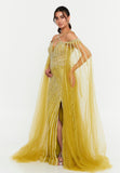 Celestial Beaded Cape-Sleeve Gown – Crisscross Neckline, Off-Shoulder Bodice, Front Slit & Flowing Tulle Trains