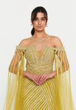 Celestial Beaded Cape-Sleeve Gown – Crisscross Neckline, Off-Shoulder Bodice, Front Slit & Flowing Tulle Trains