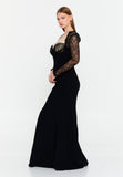 Lace-Paneled Mermaid Gown – Deep V Neckline, Sheer Long Sleeves & Refined Feminine Silhouette