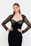 Lace-Paneled Mermaid Gown – Deep V Neckline, Sheer Long Sleeves & Refined Feminine Silhouette