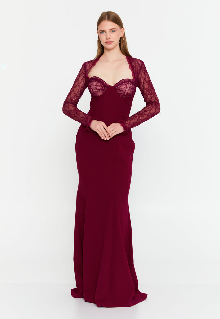 Lace-Paneled Mermaid Gown – Deep V Neckline, Sheer Long Sleeves & Refined Feminine Silhouette