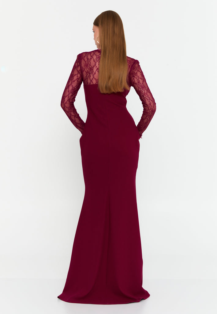 Lace-Paneled Mermaid Gown – Deep V Neckline, Sheer Long Sleeves & Refined Feminine Silhouette