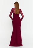 Lace-Paneled Mermaid Gown – Deep V Neckline, Sheer Long Sleeves & Refined Feminine Silhouette
