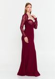 Lace-Paneled Mermaid Gown – Deep V Neckline, Sheer Long Sleeves & Refined Feminine Silhouette