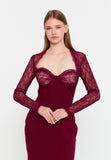 Lace-Paneled Mermaid Gown – Deep V Neckline, Sheer Long Sleeves & Refined Feminine Silhouette
