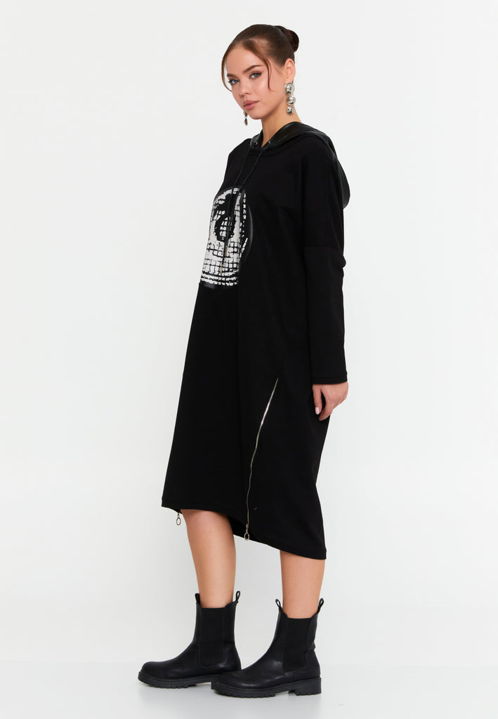 Hooded Sweatshirt Dress – Oversized Cocoon Fit, Art Graphic Front & Dual Side Zippers with High–Low Hem