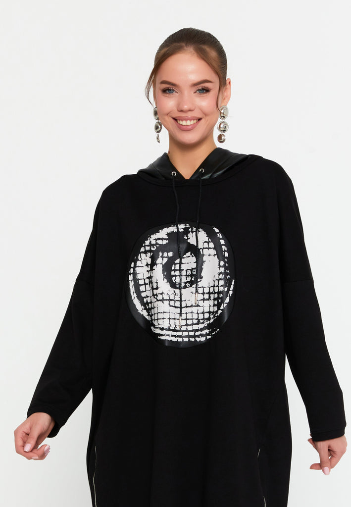 Hooded Sweatshirt Dress – Oversized Cocoon Fit, Art Graphic Front & Dual Side Zippers with High–Low Hem