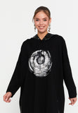 Hooded Sweatshirt Dress – Oversized Cocoon Fit, Art Graphic Front & Dual Side Zippers with High–Low Hem