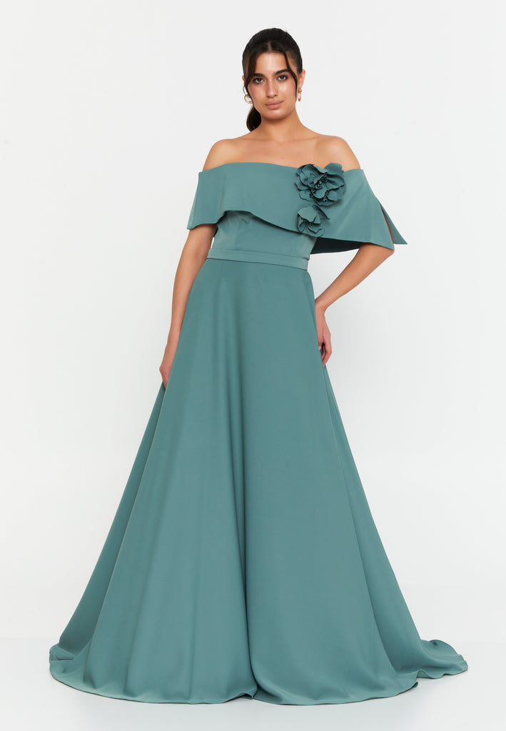 Off-Shoulder Foldover Gown – 3D Floral Detail, Cinched High Waist & Floor-Sweeping A-Line Skirt