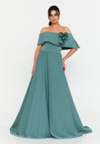 Off-Shoulder Foldover Gown – 3D Floral Detail, Cinched High Waist & Floor-Sweeping A-Line Skirt