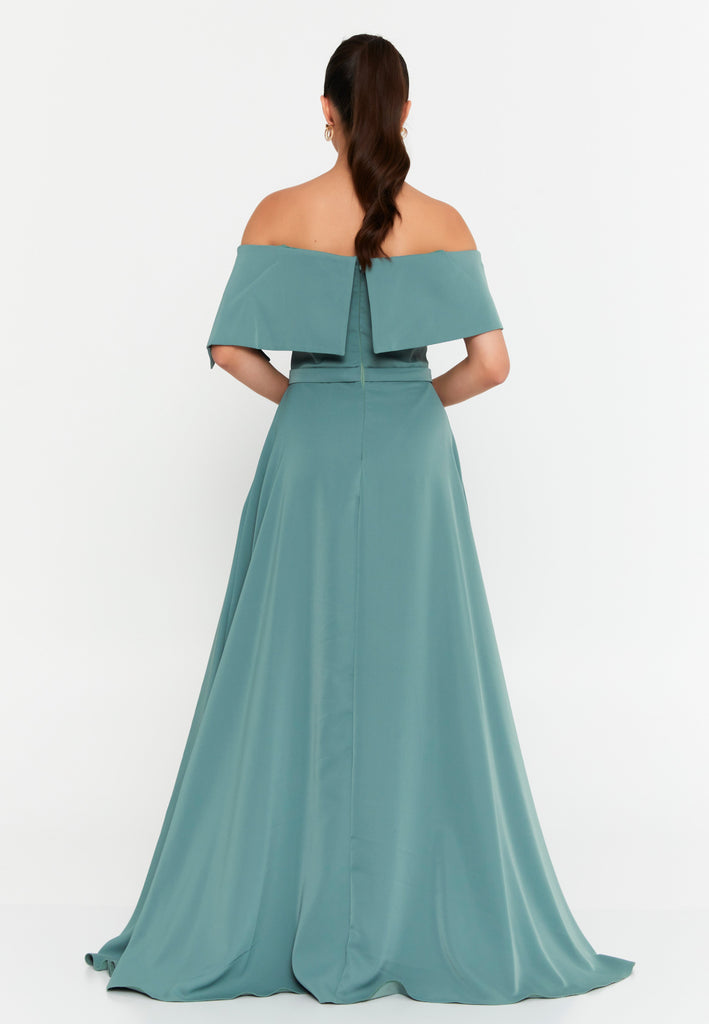 Off-Shoulder Foldover Gown – 3D Floral Detail, Cinched High Waist & Floor-Sweeping A-Line Skirt