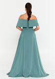 Off-Shoulder Foldover Gown – 3D Floral Detail, Cinched High Waist & Floor-Sweeping A-Line Skirt