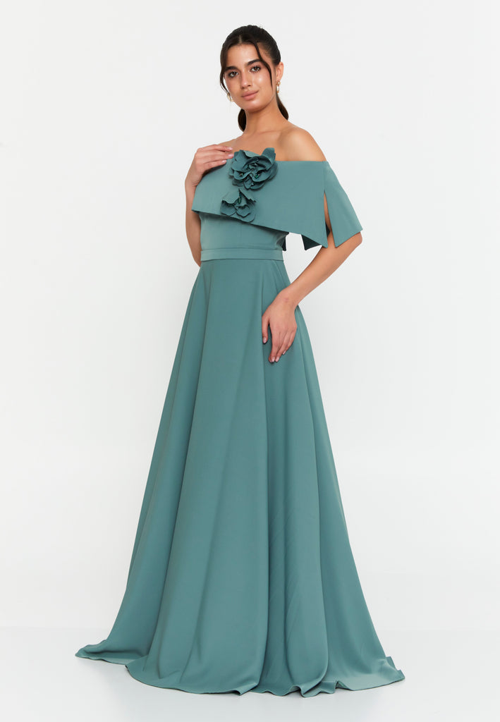 Off-Shoulder Foldover Gown – 3D Floral Detail, Cinched High Waist & Floor-Sweeping A-Line Skirt