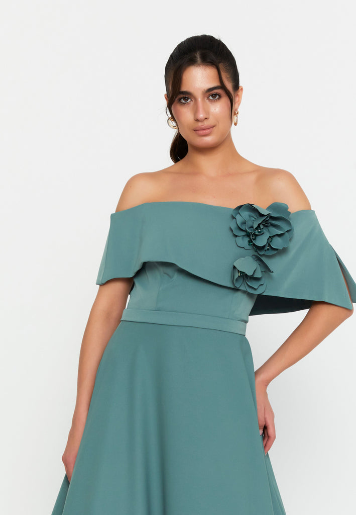Off-Shoulder Foldover Gown – 3D Floral Detail, Cinched High Waist & Floor-Sweeping A-Line Skirt