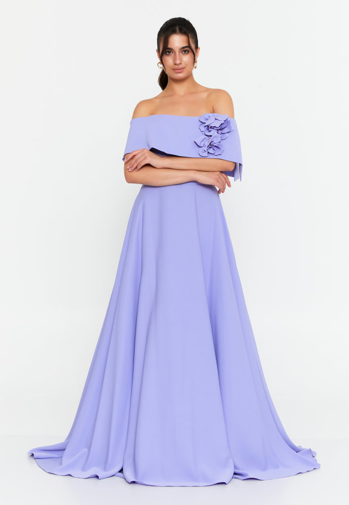 Off-Shoulder Foldover Gown – 3D Floral Detail, Cinched High Waist & Floor-Sweeping A-Line Skirt