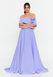 Off-Shoulder Foldover Gown – 3D Floral Detail, Cinched High Waist & Floor-Sweeping A-Line Skirt