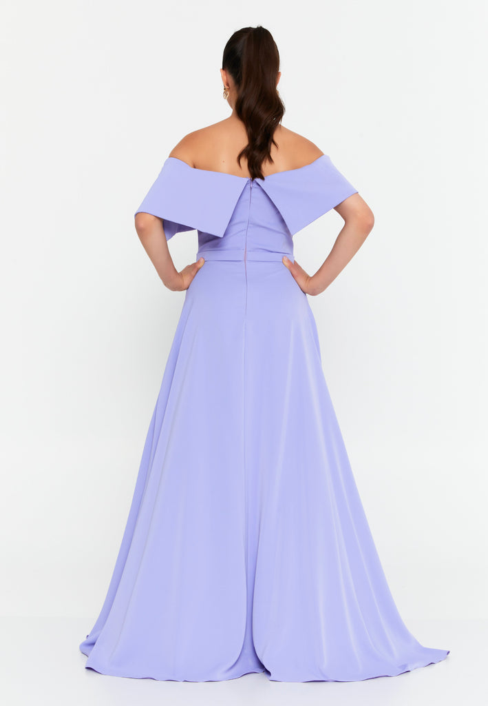Off-Shoulder Foldover Gown – 3D Floral Detail, Cinched High Waist & Floor-Sweeping A-Line Skirt