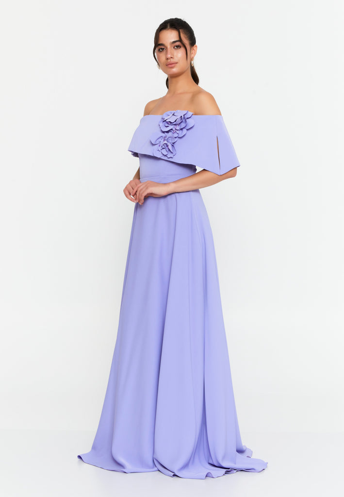 Off-Shoulder Foldover Gown – 3D Floral Detail, Cinched High Waist & Floor-Sweeping A-Line Skirt