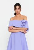 Off-Shoulder Foldover Gown – 3D Floral Detail, Cinched High Waist & Floor-Sweeping A-Line Skirt