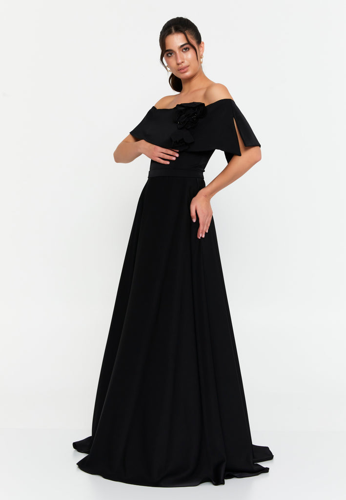 Off-Shoulder Foldover Gown – 3D Floral Detail, Cinched High Waist & Floor-Sweeping A-Line Skirt