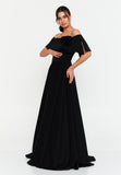 Off-Shoulder Foldover Gown – 3D Floral Detail, Cinched High Waist & Floor-Sweeping A-Line Skirt