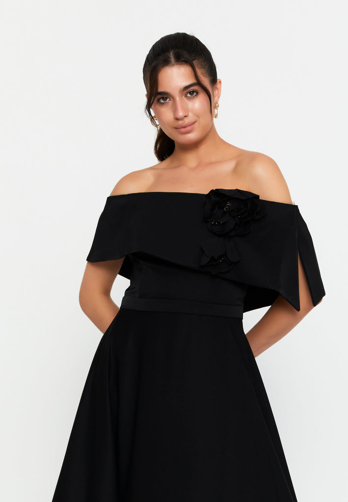 Off-Shoulder Foldover Gown – 3D Floral Detail, Cinched High Waist & Floor-Sweeping A-Line Skirt
