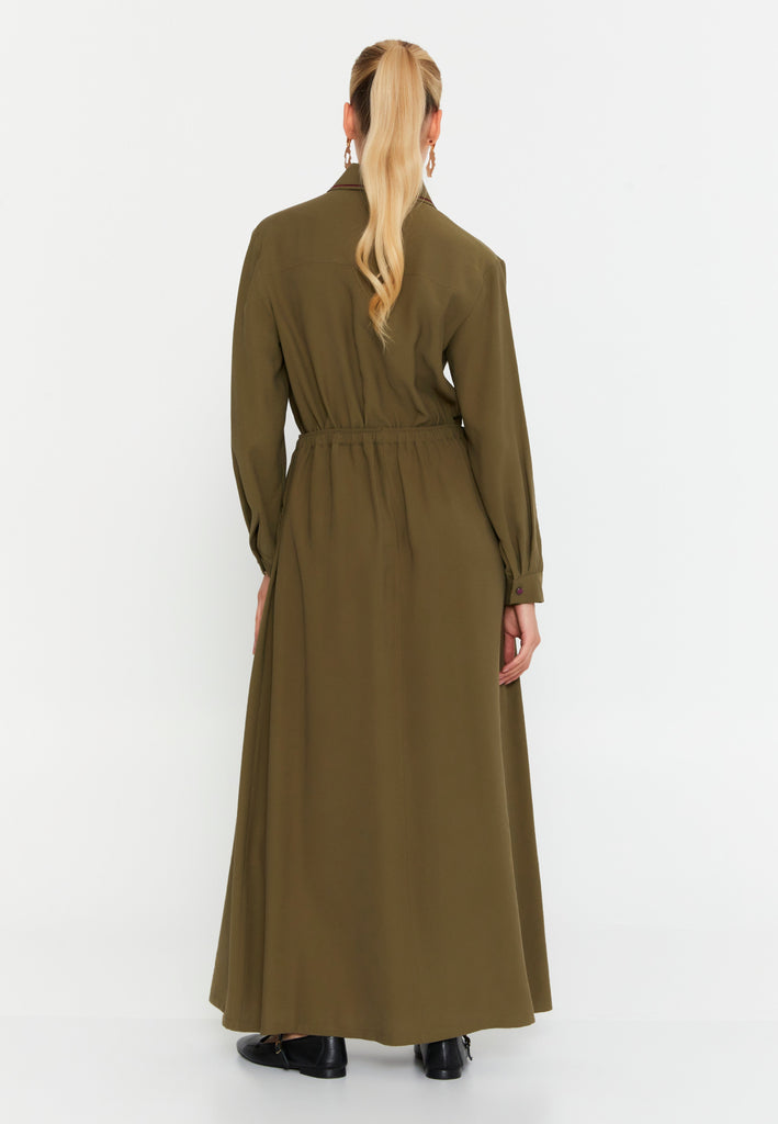 Shirt-Collar Maxi Dress with Drawstring Waist – Contrast-Piped Patch Pockets & Full-Button Front for Effortless Smart-Casual