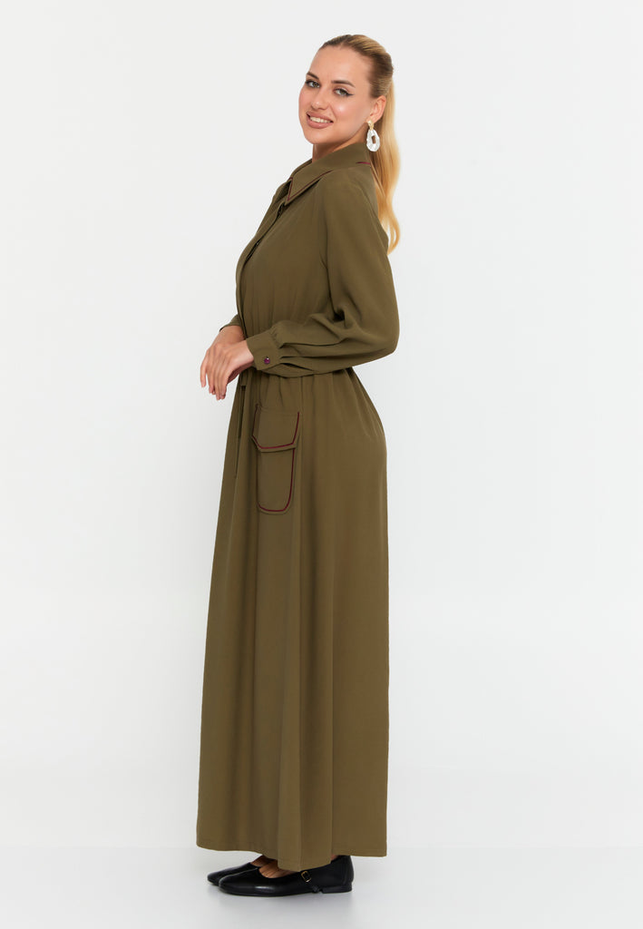 Shirt-Collar Maxi Dress with Drawstring Waist – Contrast-Piped Patch Pockets & Full-Button Front for Effortless Smart-Casual