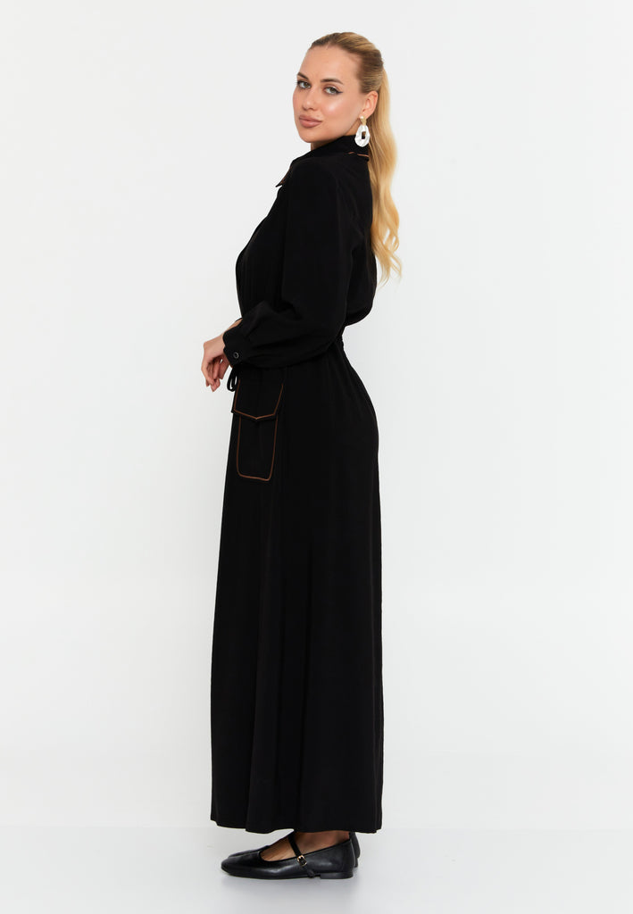 Shirt-Collar Maxi Dress with Drawstring Waist – Contrast-Piped Patch Pockets & Full-Button Front for Effortless Smart-Casual