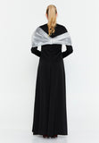Long-Sleeve Draped Scarf Evening Gown – Hand-Beaded Embellishment × Sculpted Waist × Flowing Train Silhouette