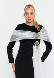 Long-Sleeve Draped Scarf Evening Gown – Hand-Beaded Embellishment × Sculpted Waist × Flowing Train Silhouette
