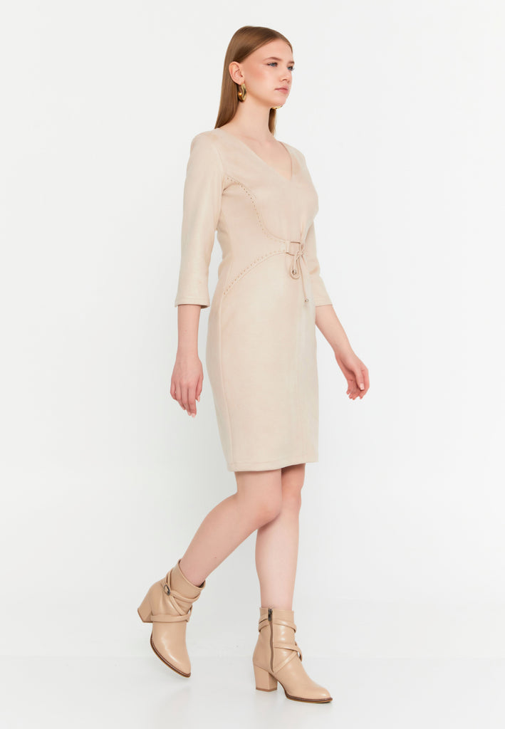 V-Neck Waist-Tie Bodycon Dress – Elegant Minimalism with a Tailored Feminine Silhouette