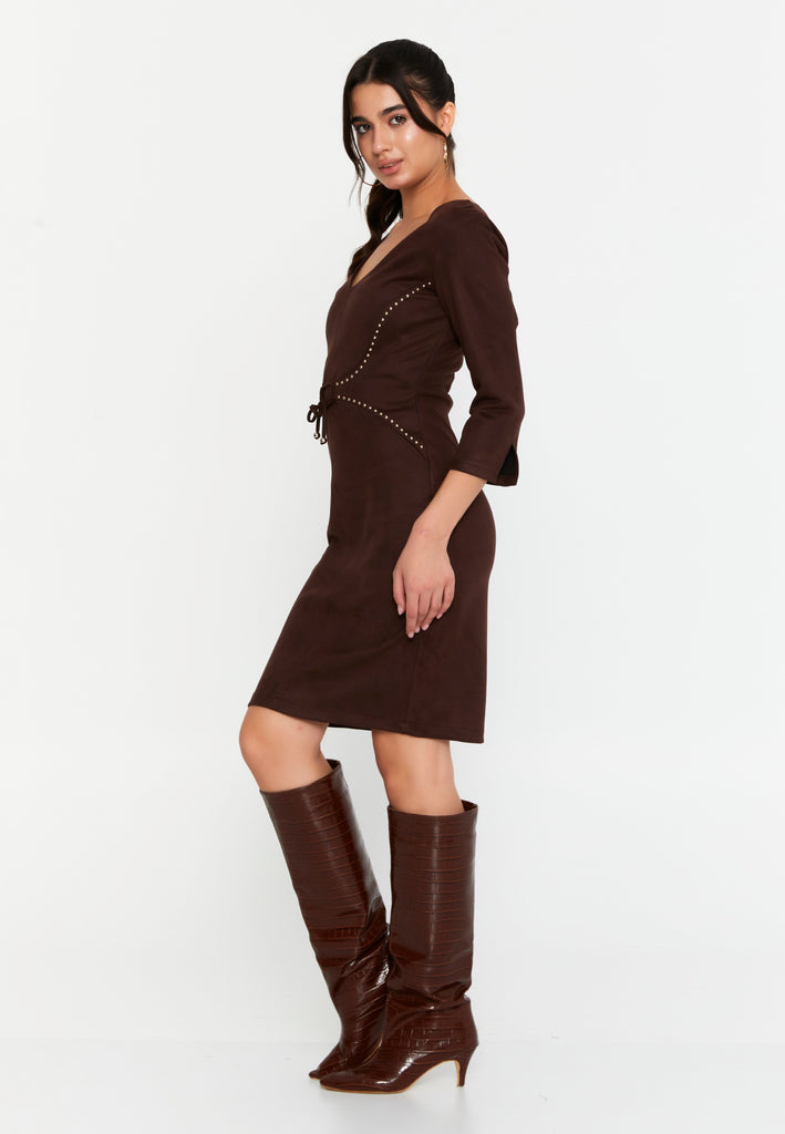 V-Neck Waist-Tie Bodycon Dress – Elegant Minimalism with a Tailored Feminine Silhouette