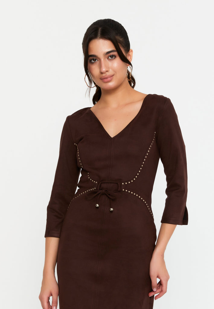 V-Neck Waist-Tie Bodycon Dress – Elegant Minimalism with a Tailored Feminine Silhouette