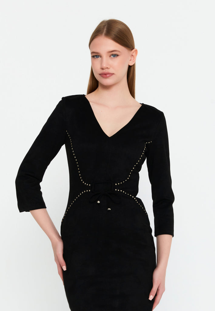 V-Neck Waist-Tie Bodycon Dress – Elegant Minimalism with a Tailored Feminine Silhouette