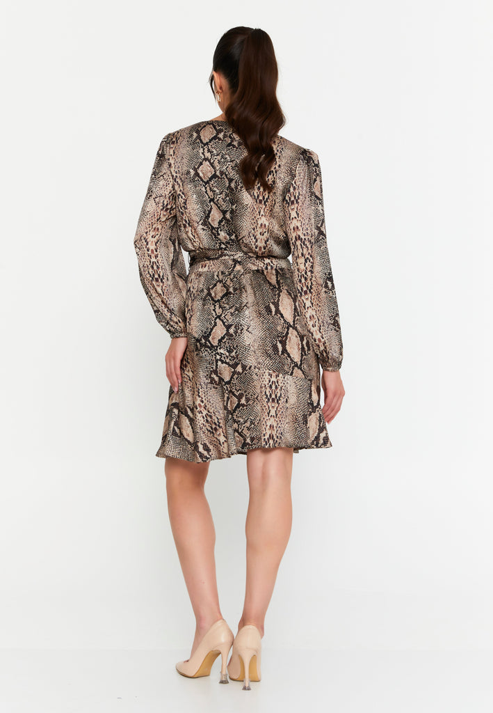 Animal-Print Long-Sleeve Mini Dress – Self-Tie Waist, Subtle Shoulder Structure & Easy A-Line Hem