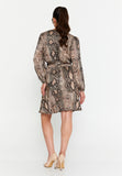 Animal-Print Long-Sleeve Mini Dress – Self-Tie Waist, Subtle Shoulder Structure & Easy A-Line Hem
