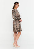 Animal-Print Long-Sleeve Mini Dress – Self-Tie Waist, Subtle Shoulder Structure & Easy A-Line Hem