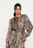 Animal-Print Long-Sleeve Mini Dress – Self-Tie Waist, Subtle Shoulder Structure & Easy A-Line Hem