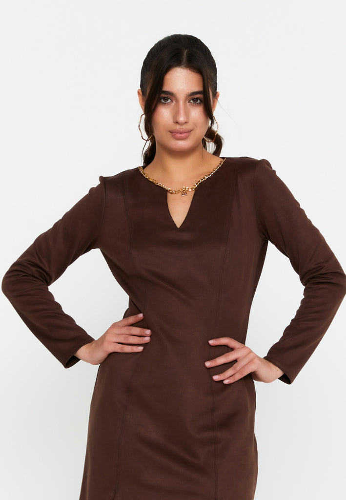 V-Neck Chain-Detail Bodycon Mini Dress – Sculpted Silhouette & Modern Minimalist Luxury