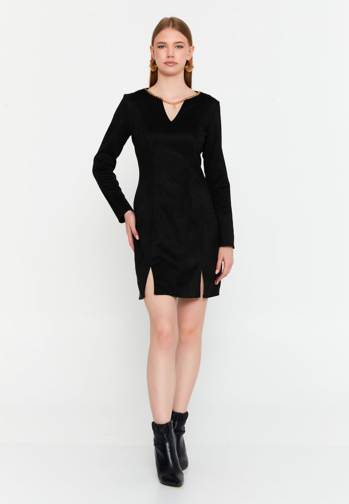 V-Neck Chain-Detail Bodycon Mini Dress – Sculpted Silhouette & Modern Minimalist Luxury