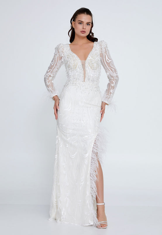 Embroidered Long-Sleeve Feather-Trim Gown – Deep V-Neck, Beaded Detailing & High-Slit Flowing Silhouette