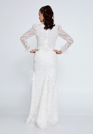 Embroidered Long-Sleeve Feather-Trim Gown – Deep V-Neck, Beaded Detailing & High-Slit Flowing Silhouette