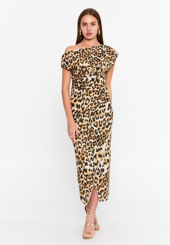 Asymmetric Bardot Ruched Midi Dress (Leopard) – High Waist, Tulip Wrap Hem & Photo-Ready Attitude