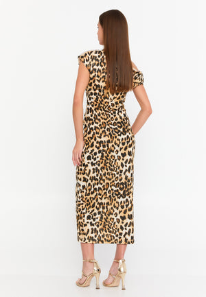Asymmetric Bardot Ruched Midi Dress (Leopard) – High Waist, Tulip Wrap Hem & Photo-Ready Attitude