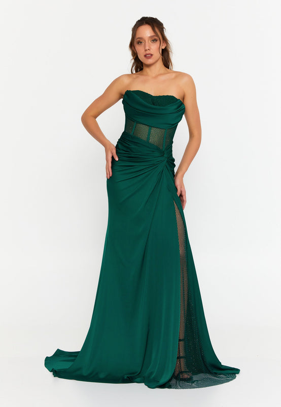 Strapless Draped Corset Mermaid Gown – Sheer Mesh Waist Panel × High Slit Train × Sculpted Elegance