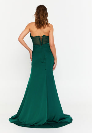 Strapless Draped Corset Mermaid Gown – Sheer Mesh Waist Panel × High Slit Train × Sculpted Elegance