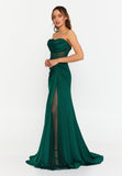 Strapless Draped Corset Mermaid Gown – Sheer Mesh Waist Panel × High Slit Train × Sculpted Elegance